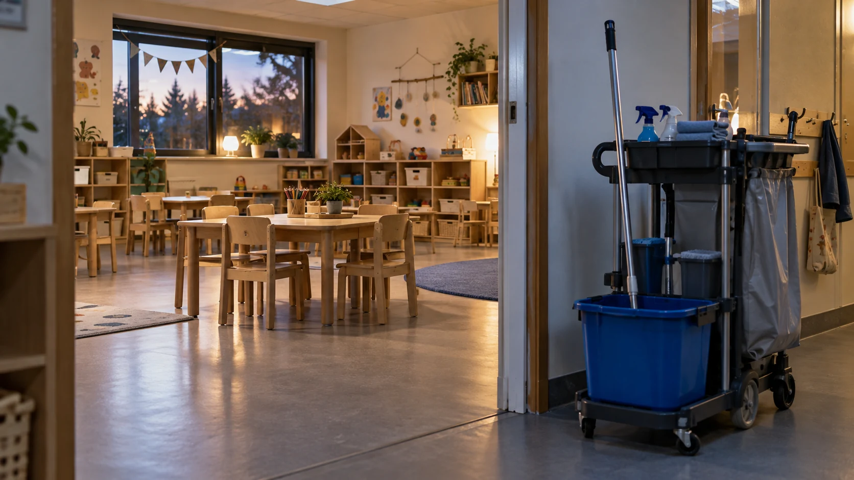 Kita-Reinigung: Leistungsverzeichnis mit Musterpositionen 1 Leerer Kita-Gruppenraum mit kleinen Tischen und einem Reinigungswagen am Eingang.