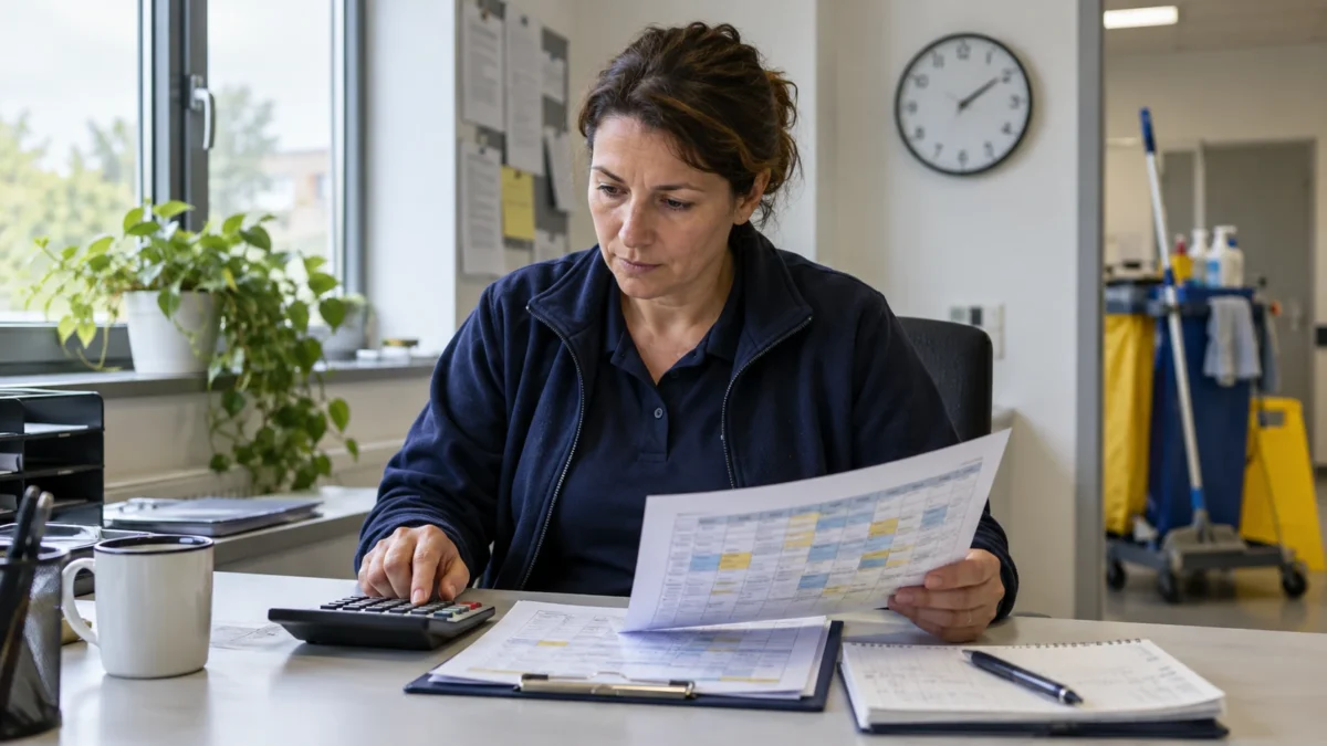 Minijob in der Reinigung 2027: Mehr Verdienstgrenze heißt nicht automatisch mehr Stunden 11 Eine Frau prüft Planungsunterlagen mit einem Taschenrechner an einem Schreibtisch.