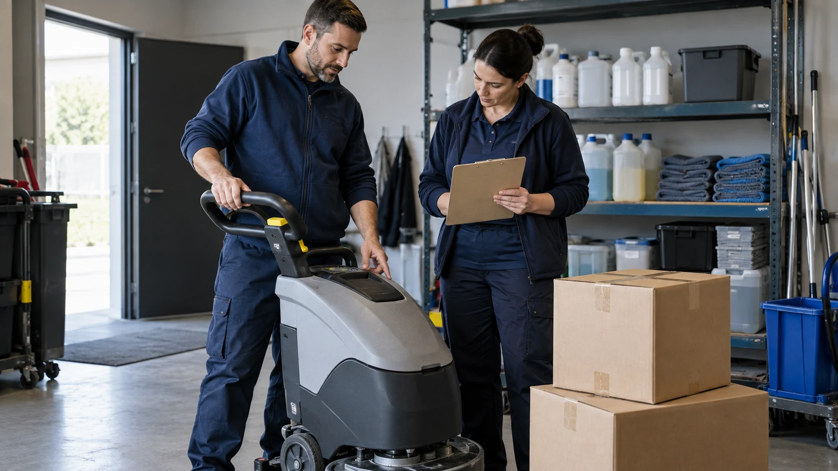 Objektübernahme: Wem gehören Maschine, Material und Verbrauchsbestände? 1 Zwei Personen prüfen eine Reinigungsmaschine und Materialkartons im Geräteraum.