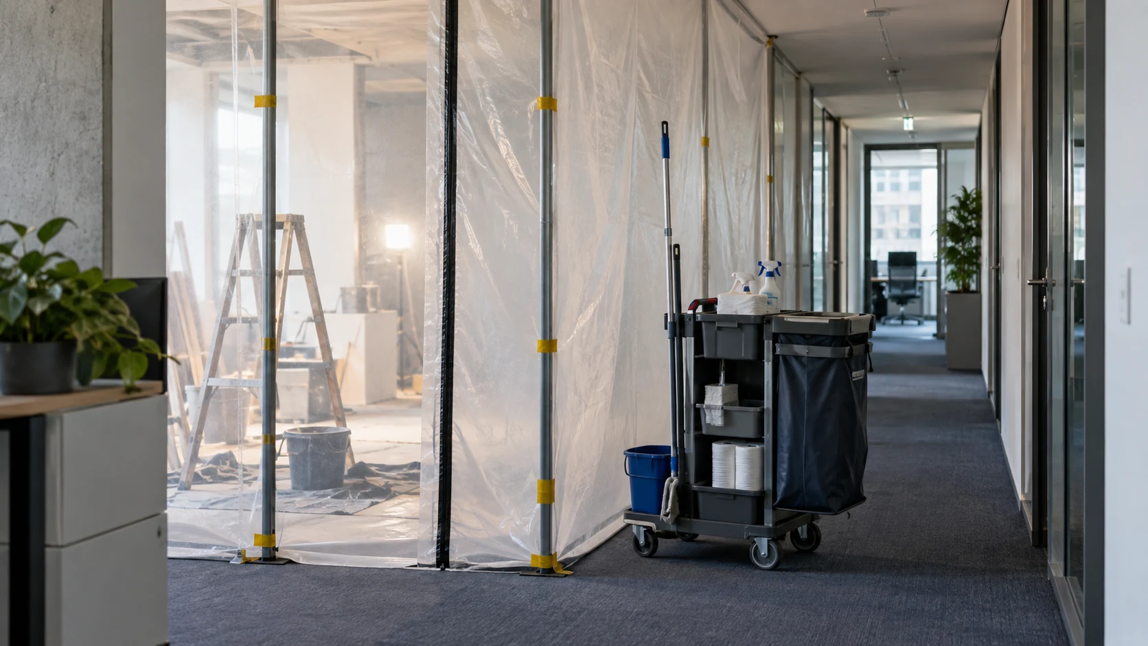 Umbau im genutzten Büro: Baustellenbereich und laufende Reinigung trennen 1 Eine Staubschutzwand trennt einen Umbauabschnitt von einem Büroflur.