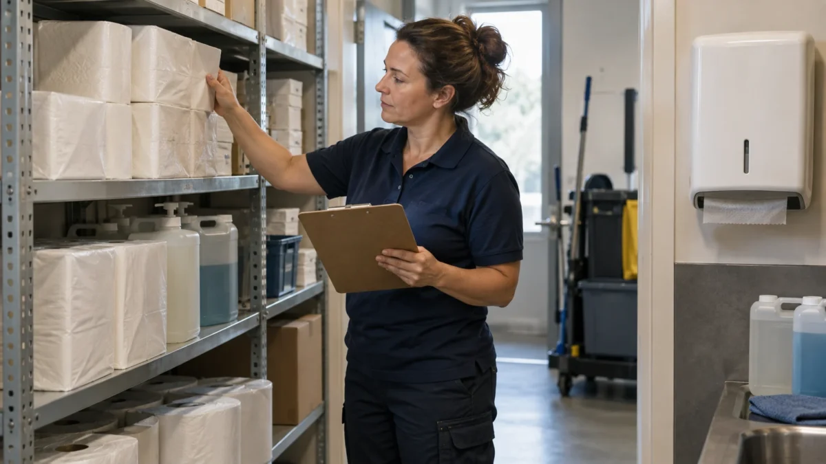Papier, Seife und Spender: Reinigung ist nicht automatisch Materialversorgung 3 Papier- und Seifenvorräte werden neben einem Spender kontrolliert.