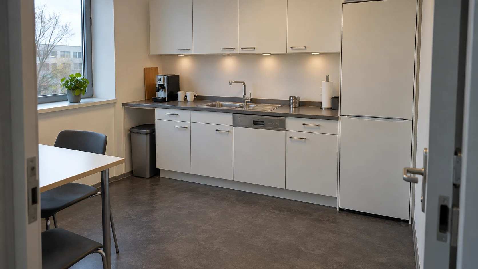Büroteeküche mit Arbeitsplatte, Spüle, Geschirrspüler, Kühlschrank und Bodenfläche.