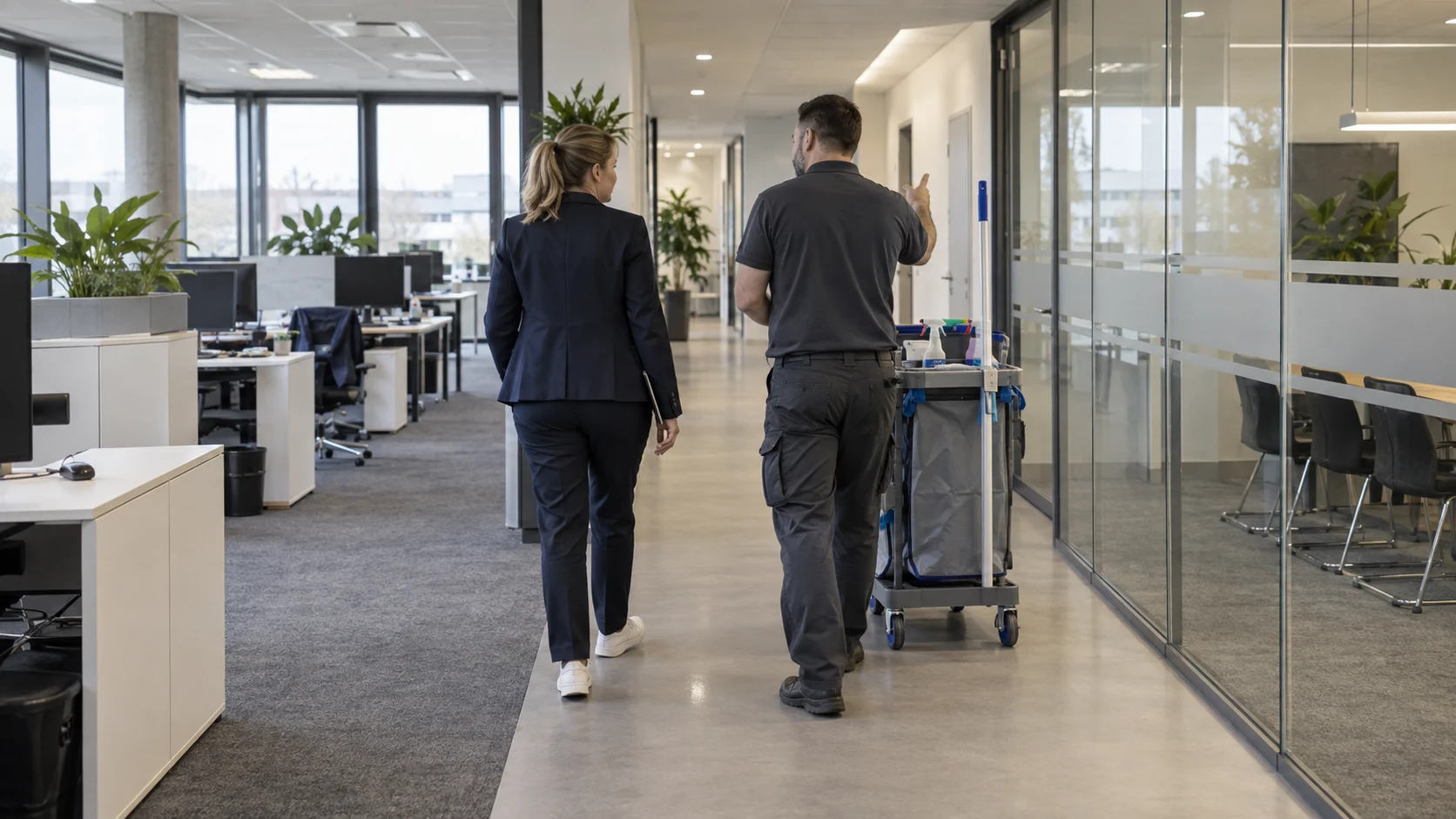Der billigste Monat kann das teuerste Jahr werden. 1 Zwei Personen besichtigen einen Büroflur mit Reinigungswagen und angrenzenden Arbeitsplätzen.