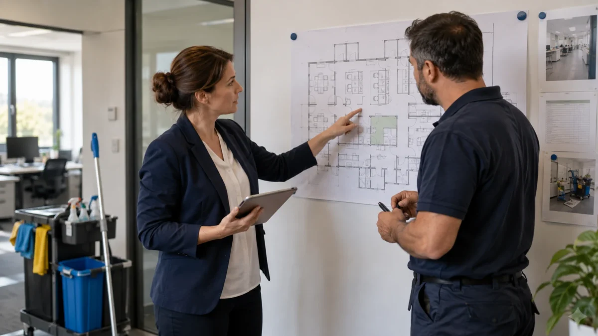 Wer entscheidet im Reinigungsauftrag? Eine Kontaktliste braucht Befugnisse 10 Zwei Verantwortliche besprechen einen Gebäudeplan im Büro.