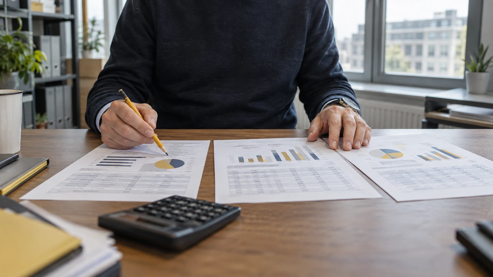Reinigungsbudget 2027 planen, obwohl der Tarif noch offen ist 1 Hände vergleichen drei Budgetunterlagen auf einem Schreibtisch mit Taschenrechner.