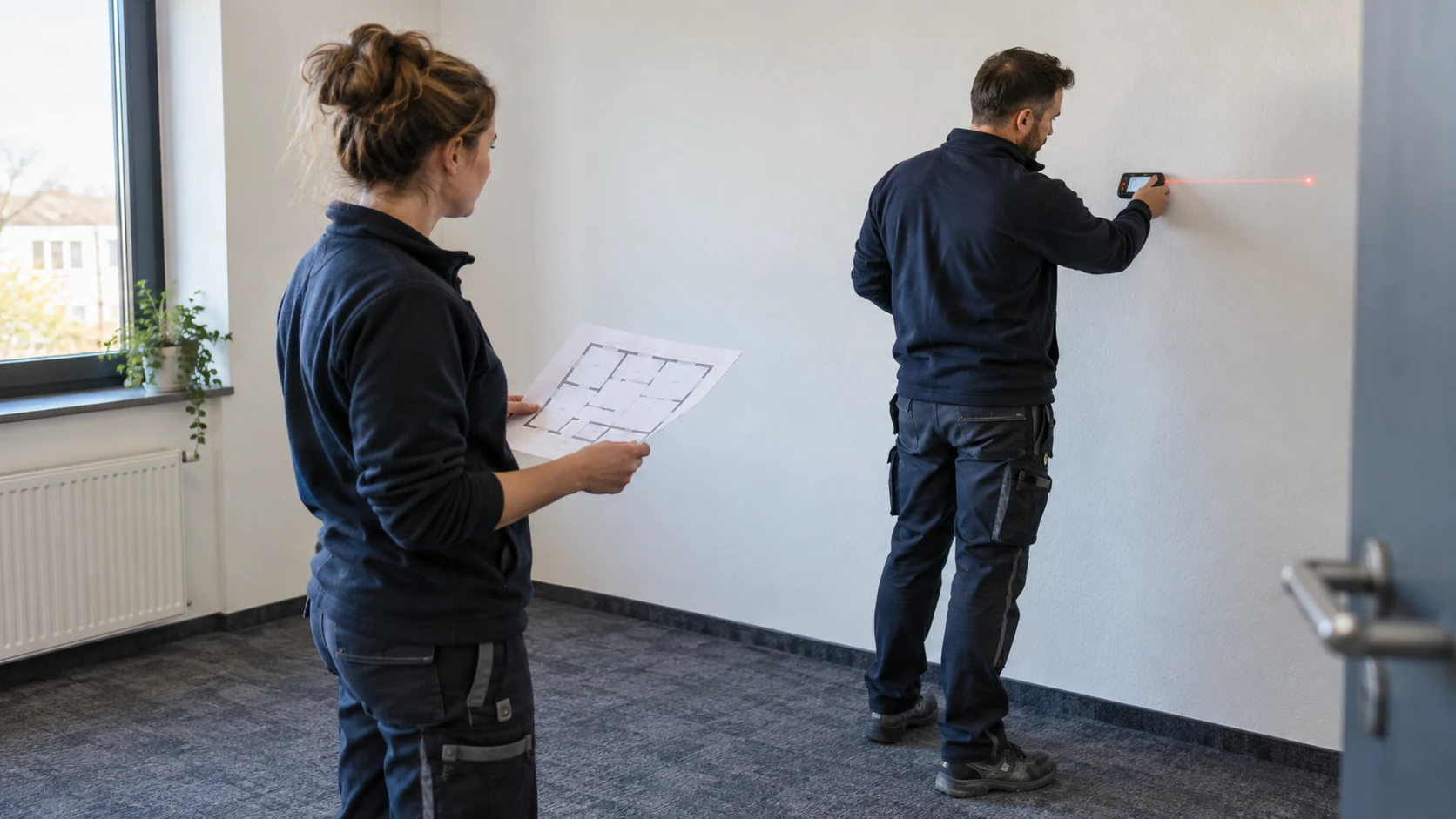 Reinigungsfläche berechnen: Welche Quadratmeter im Angebot stehen sollten 1 Zwei Personen nehmen mit Messgerät und Plan die Maße eines Büroraums auf.