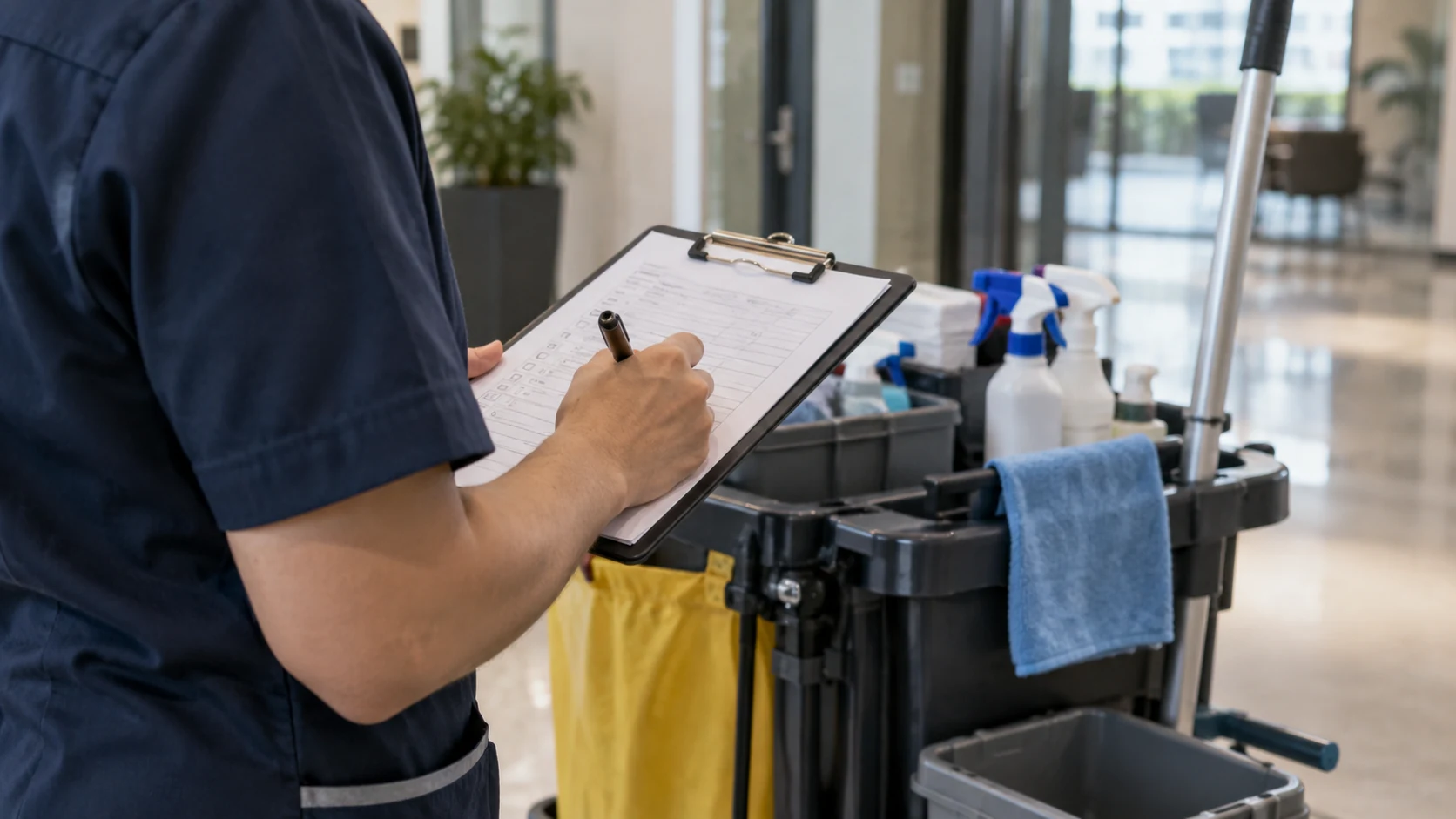 Reinigungsnachweis: Kostenlose PDF-Vorlage ausfüllen 1 Eine Person trägt Angaben auf einem Klemmbrett neben einem Reinigungswagen ein.
