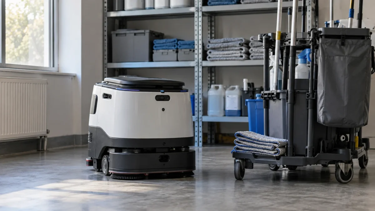 Ein Reinigungsroboter steht neben Reinigungswagen und Materialregal im Geräteraum.