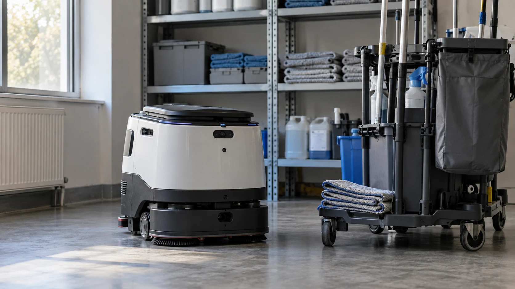 Was ein Reinigungsroboter kostet, steht nicht nur auf der Rechnung 1 Ein Reinigungsroboter steht neben Reinigungswagen und Materialregal im Geräteraum.