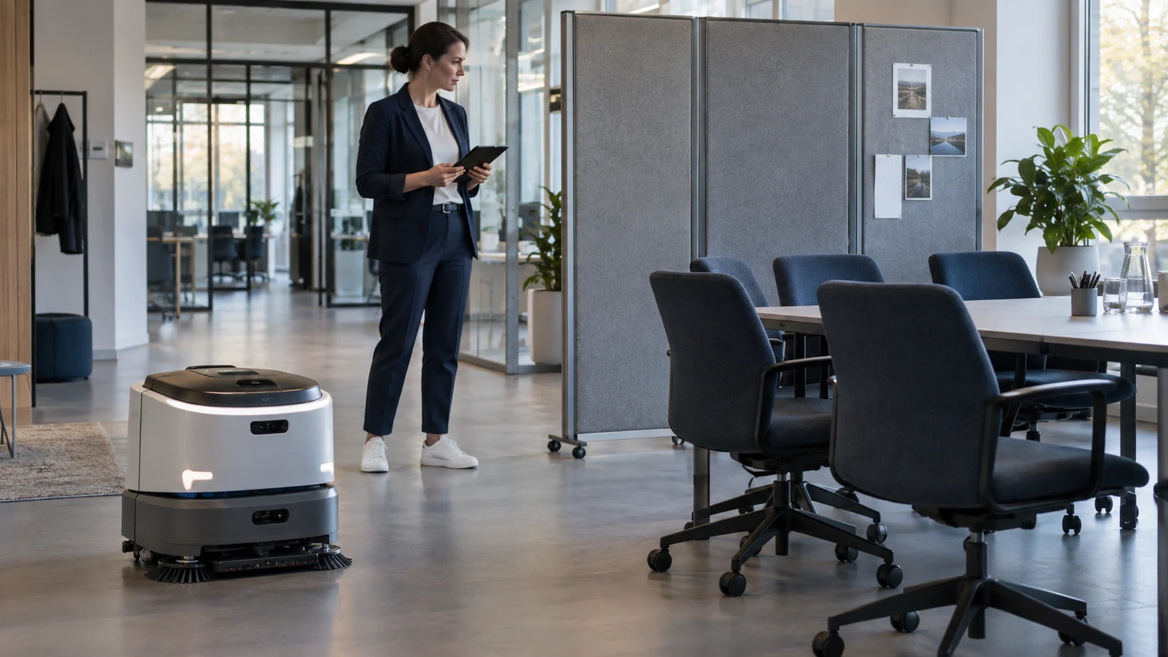 Wenn das Büro umgebaut wird, muss die Roboterroute mitziehen 1 Ein Reinigungsroboter steht neben Bürostühlen und einem mobilen Raumteiler.