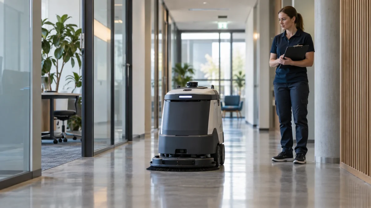 Ein kompakter Reinigungsroboter steht im Büroflur; eine Mitarbeiterin kontrolliert Unterlagen.