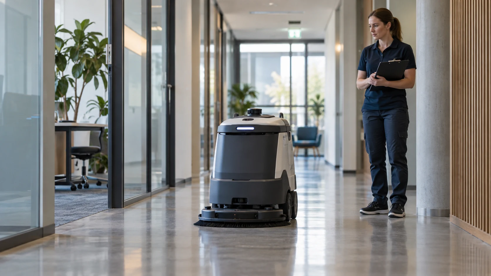 Reinigungsroboter testen: Messen Sie den ganzen Einsatz 1 Ein kompakter Reinigungsroboter steht im Büroflur; eine Mitarbeiterin kontrolliert Unterlagen.