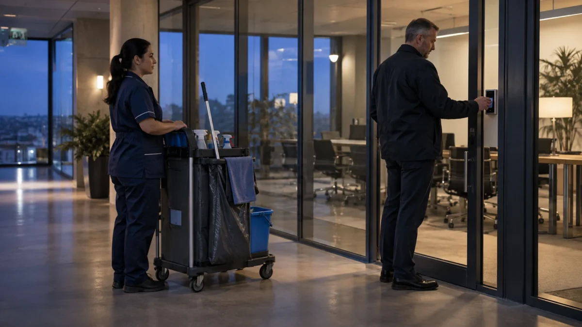 Das Reinigungszeitfenster: Öffnungszeit, Zugang und Freigabe getrennt planen 10 Ein Reinigungswagen wartet im Büroflur, während eine Person den Zugang prüft.