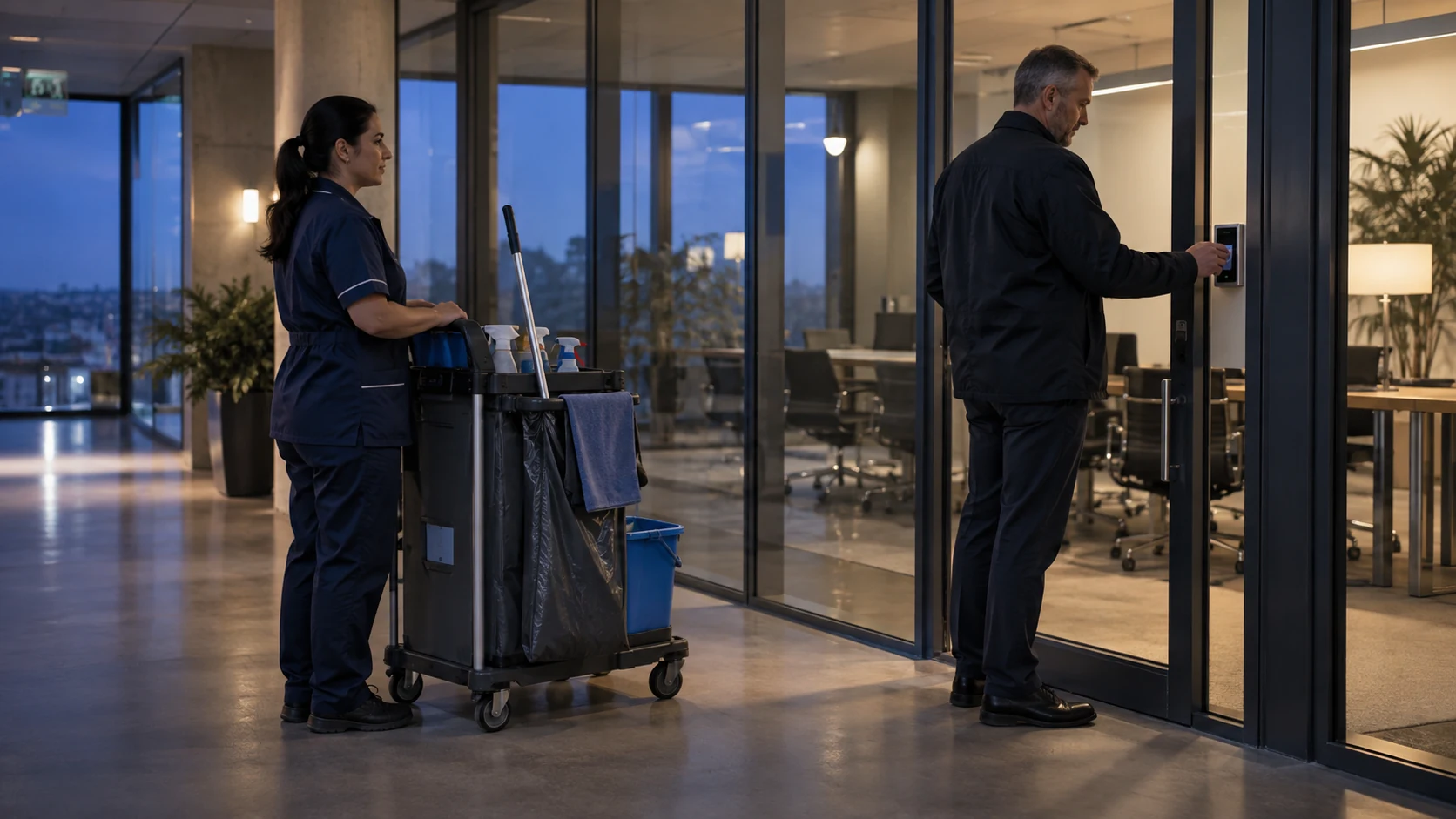 Das Reinigungszeitfenster: Öffnungszeit, Zugang und Freigabe getrennt planen 1 Ein Reinigungswagen wartet im Büroflur, während eine Person den Zugang prüft.