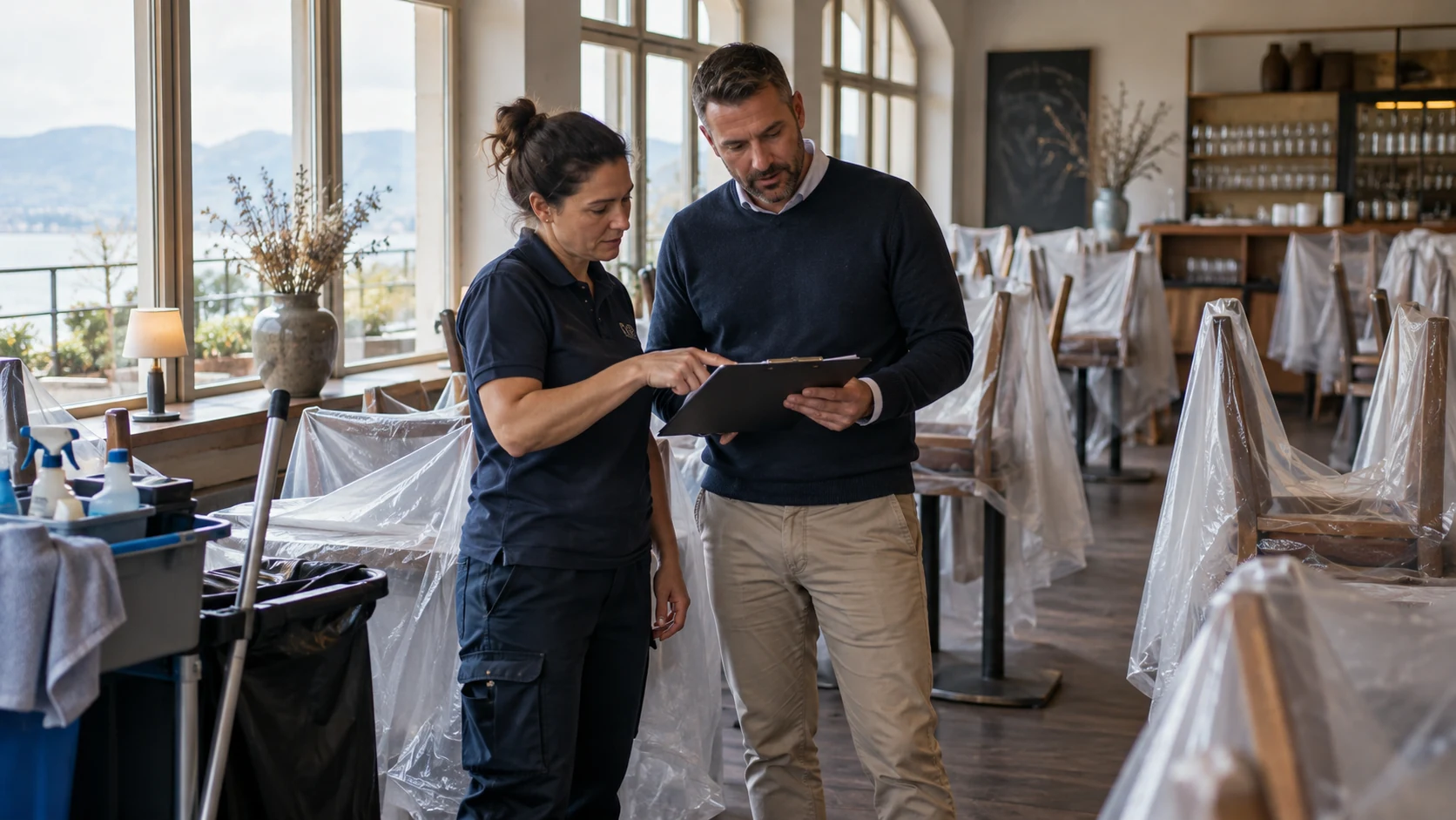 Zwei Verantwortliche besprechen Arbeiten in einem Restaurant mit vorbereiteten Möbeln.