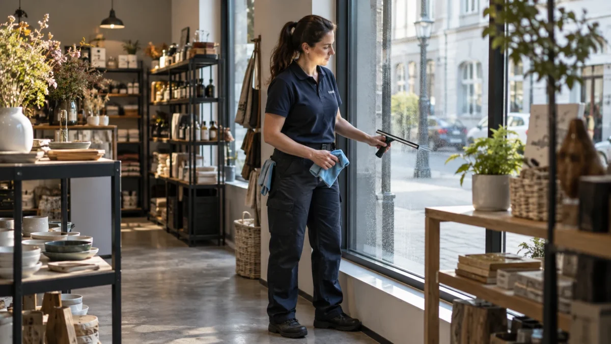 Schaufenster reinigen: Warenaufbau und Reinigungszugang vorher abstimmen 4 Eine Reinigungskraft steht an einem Schaufenster neben zurückgestellter Warenpräsentation.