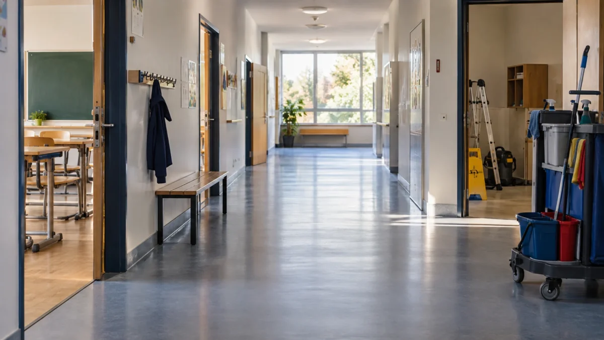 Reinigung in den Schulferien: Das freie Gebäude ist selten wirklich frei 12 Leerer Schulflur mit getrennt abgestellten Reinigungs- und Arbeitsmitteln.