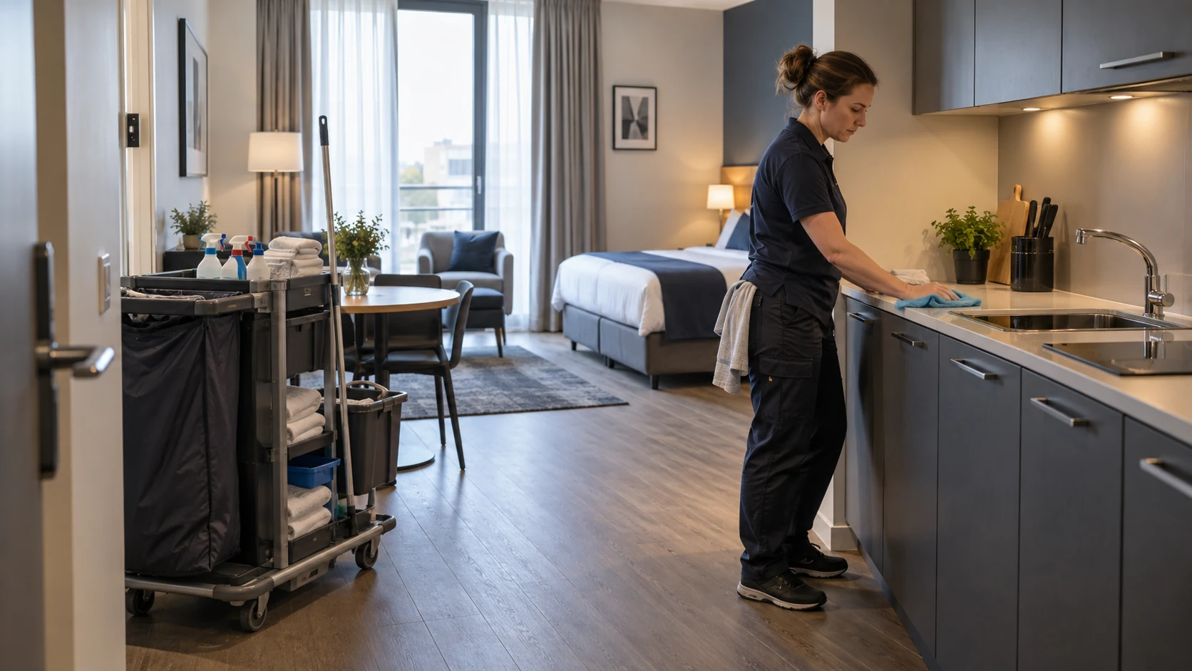 Serviced Apartment: Zwischenreinigung und Auszugsreinigung sauber trennen 1 Eine Mitarbeiterin arbeitet in der Küchenzeile eines möblierten Apartments.