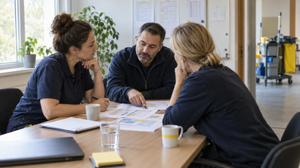 Tarifverhandlung Gebäudereinigung 2027: Stand im September 2026 3 Drei Personen besprechen Unterlagen in einem Büro; im Hintergrund steht ein Reinigungswagen.