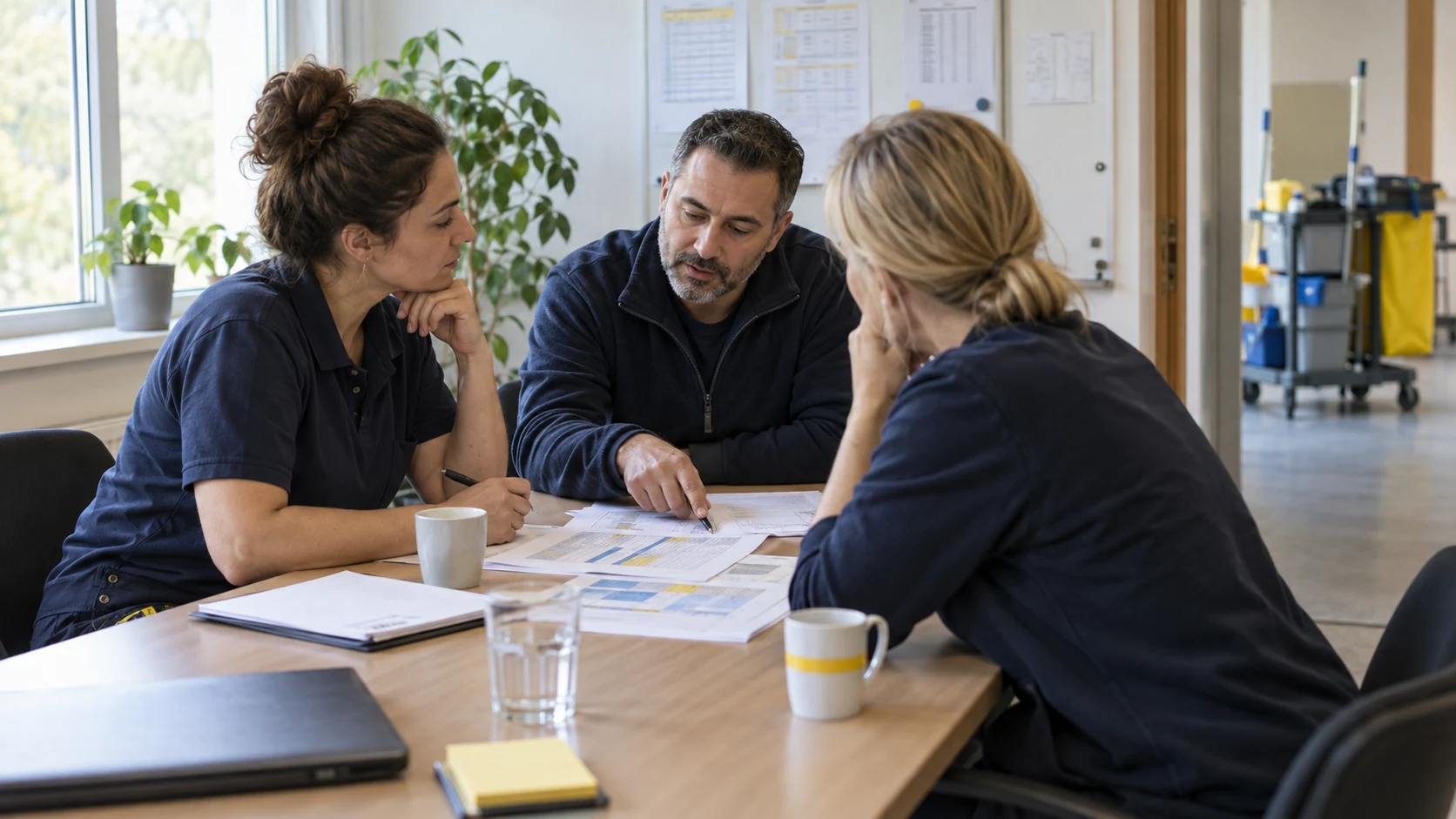Tarifverhandlung Gebäudereinigung 2027: Stand im September 2026 1 Drei Personen besprechen Unterlagen in einem Büro; im Hintergrund steht ein Reinigungswagen.
