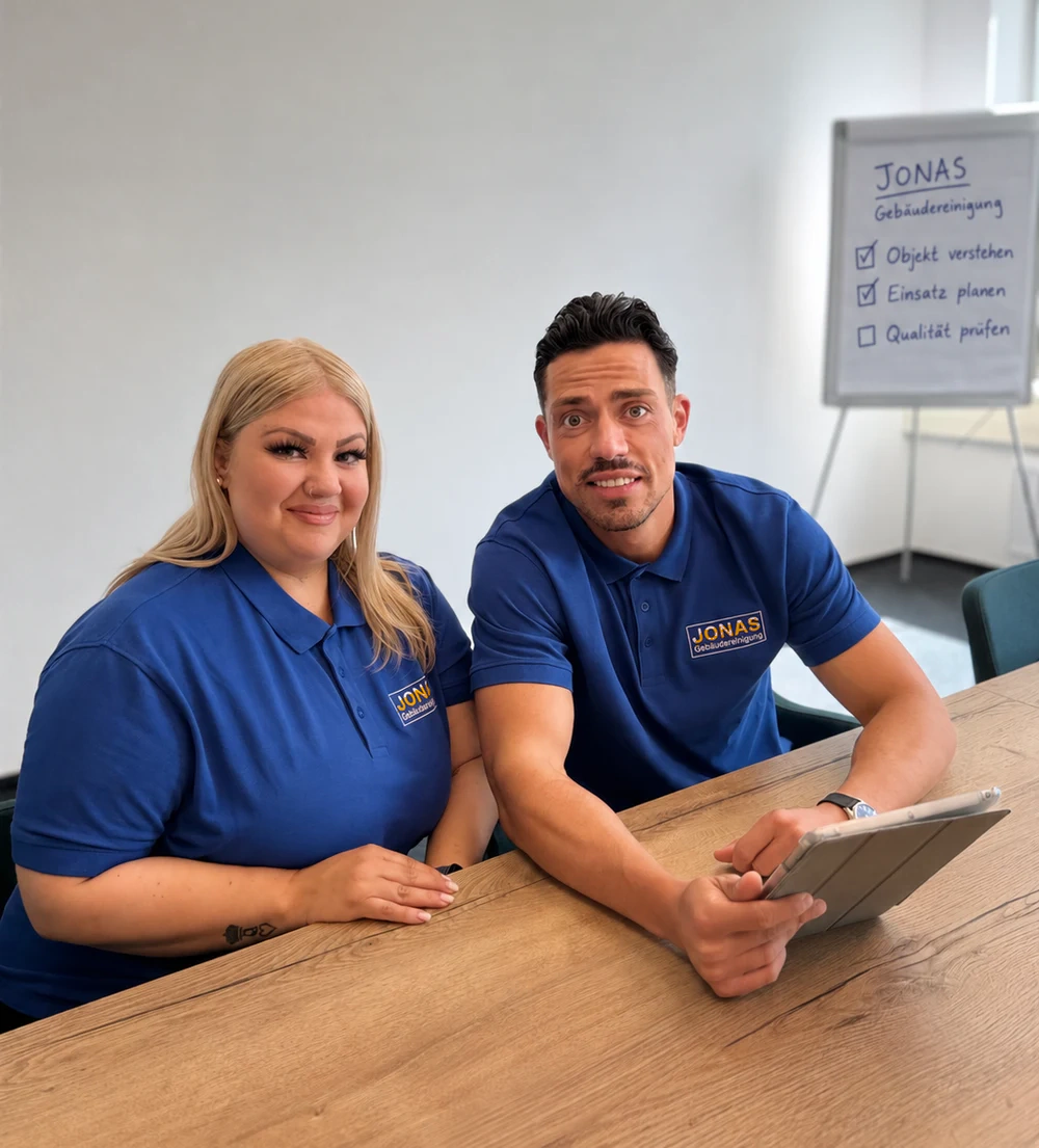 Pelin und Julius im Jonas-Poloshirt am Besprechungstisch mit Flipchart im Hintergrund