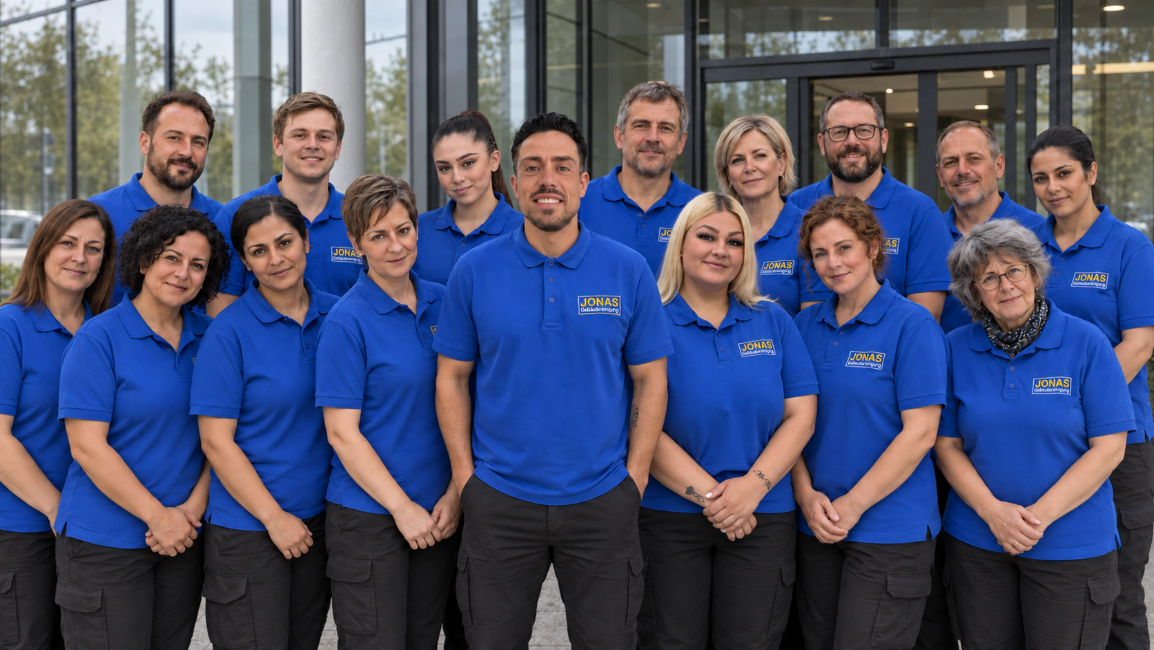 Jonas-Gruppenmotiv mit blauen Jonas-Polos vor einem Glaseingang